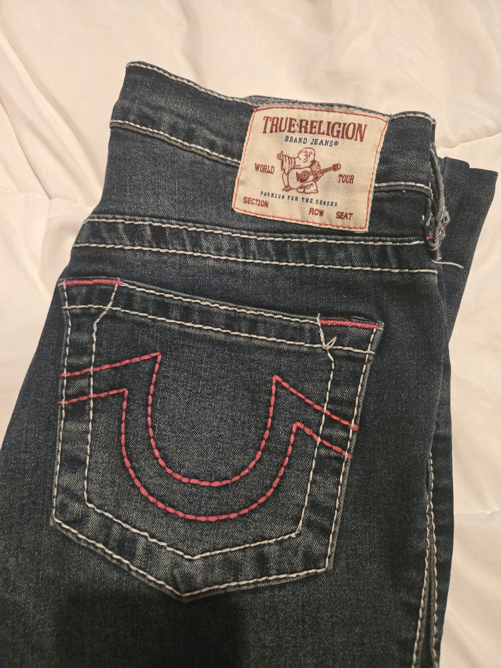 True Religion Women's Dark Blue Denim Jeans with Pink Stitching